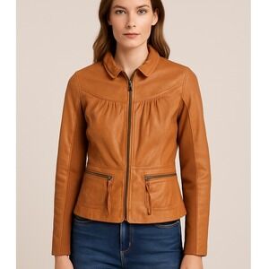 Hinge 100% Leather Jacket Womens Small‎ Tan Brown Zip Up Ruched Collar Peplum